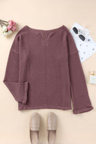 Purple Waffle Knit Split V Neck Drop Shoulder Long Sleeve Top Long Sleeve Tops c4218f6c078a7903