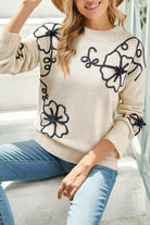 Beige 60s Flower Mock Neck Knit Sweater Sweaters c4368f9145156b53