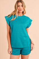 Skobeloff Textured Ruffle Split Top and Drawstring Shorts Set Two Piece Shorts Sets c443ab515574dccd