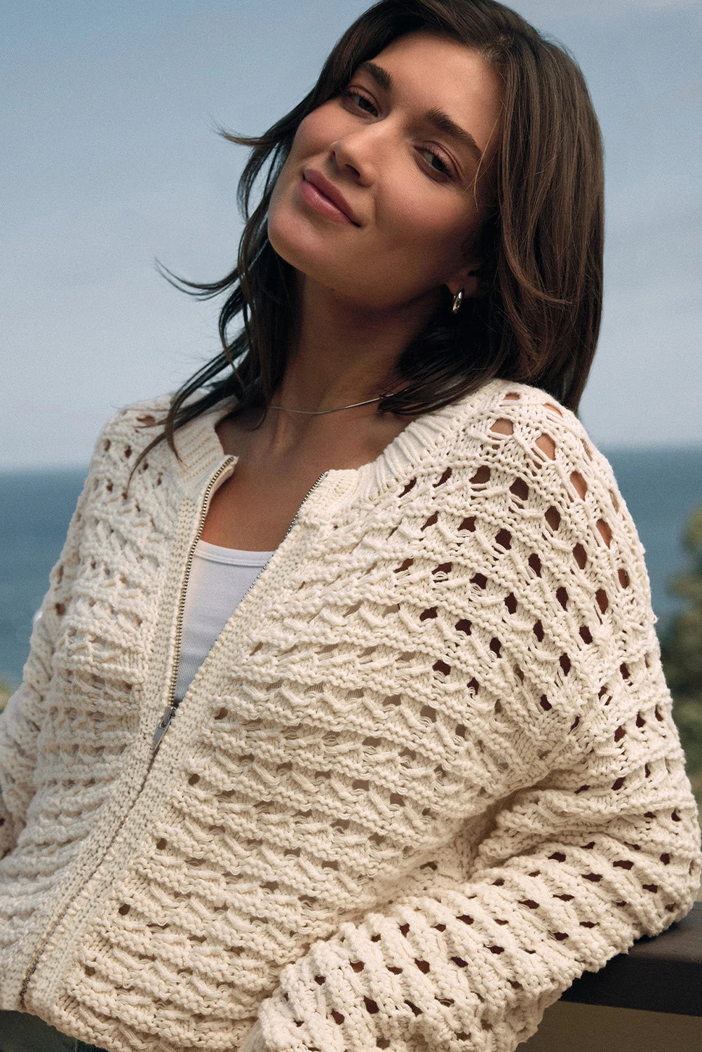 Beige Hollowed Pattern Knit Zip Up Drop Shoulder Cardigan Cardigans c444c5e2e8126d36