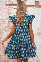 Blue Retro Floral Print Split Neck Ruffle Short Sleeve Dress Short Dresses c451c794152e5d46