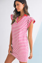 Dark Blue Striped Ruffle Short Sleeve Pop of Color Neckline Dress Short Dresses c4a68574950feb81