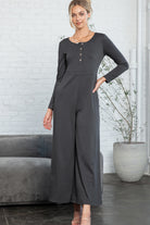 Dark Grey Henley Long Sleeve Wide Leg Jumpsuit with Pockets Jumpsuits c4a6cc29b453a265