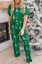 Green Christmas Tree Print V Neck Tee and Pants Pajama Set Loungewear Set c4ec7149691c975e