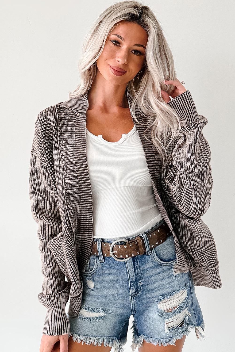 Dark Brown Mineral Wash Exposed Seam Patchwork Knit Cardigan Cardigans c55228fb86f8872b