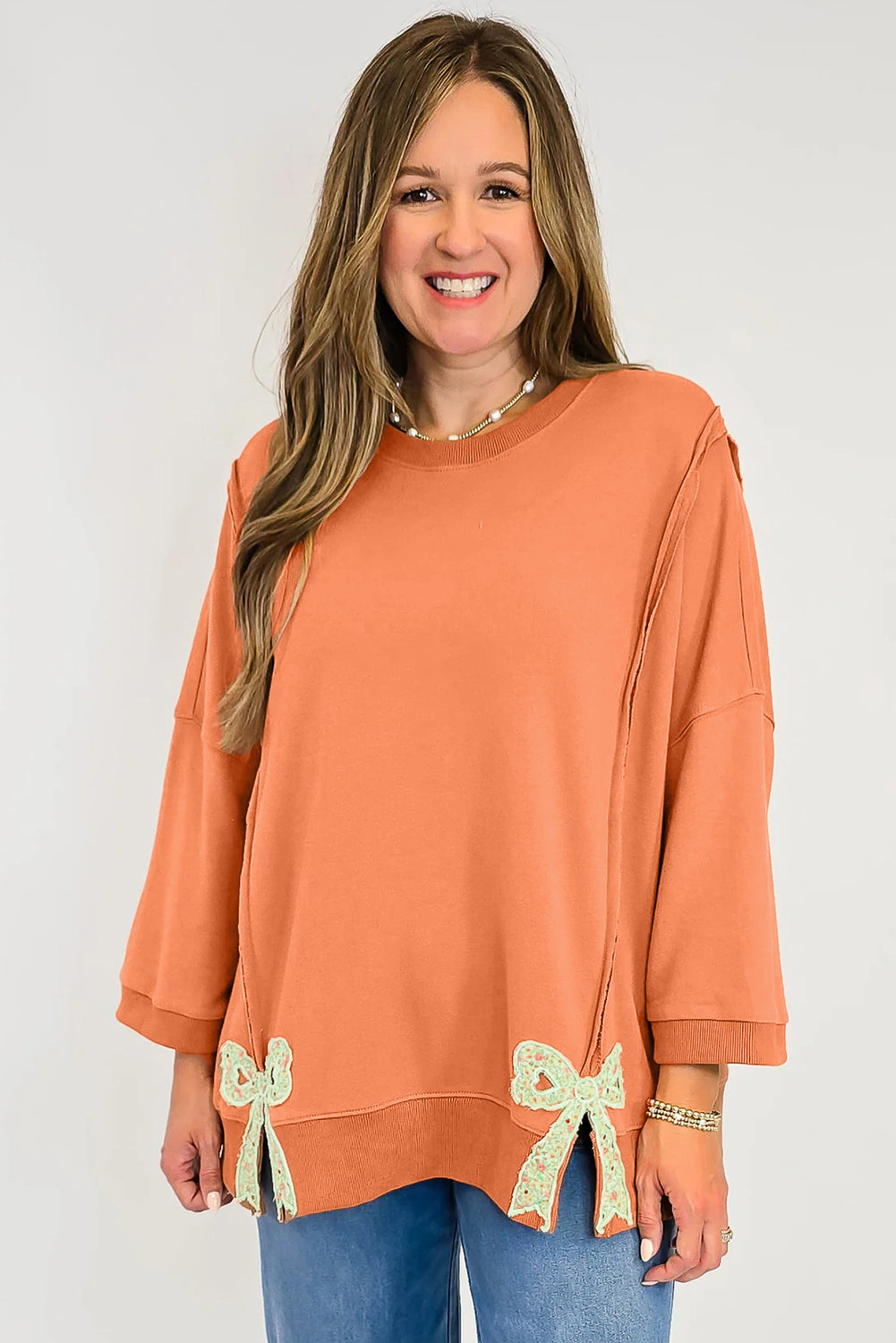 Grapefruit Orange Floral Bow Patched Exposed Seam Patchwork Slit Baggy Sweatshirt Sweatshirts & Hoodies c55524f6e462a3cd