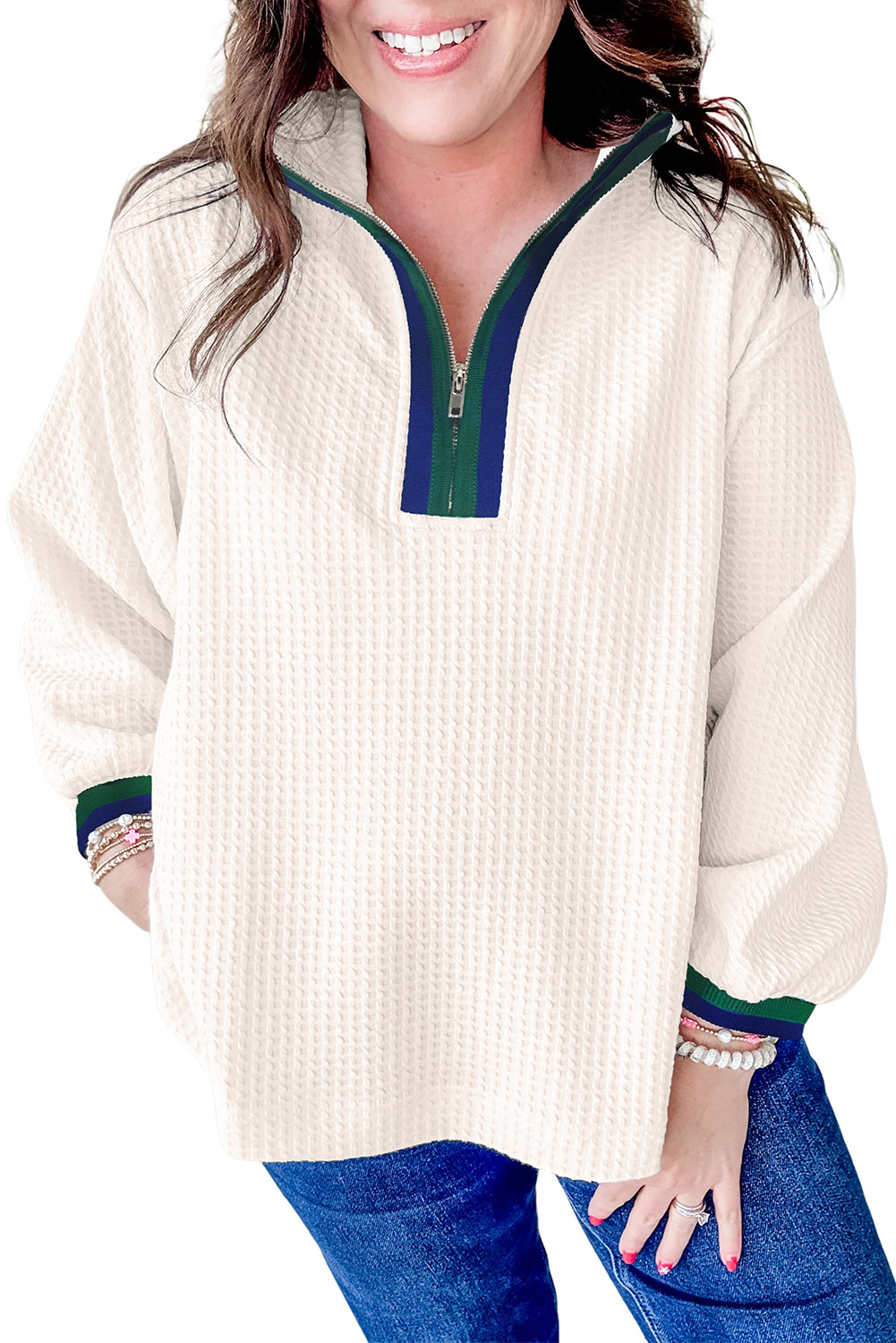White Waffle Textured Contrast Polo Neck Zip up Jumper Long Sleeve Tops c58b10b2b74f154a