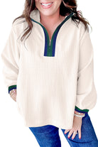 White Waffle Textured Contrast Polo Neck Zip up Jumper Long Sleeve Tops c58b10b2b74f154a