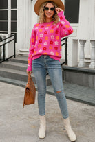 Rose Cute Flower Allover Ribbed Trimmed Drop Shoulder Pullover Sweater Sweaters c596b3d2b754b752