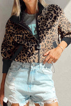 Khaki Leopard Print Zip Up Stand Neck Side Pocket Jacket Jackets c59e3b14d12ef396