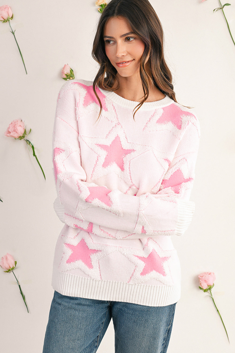 Sachet Pink Star Pattern Drop Sleeve Loose Sweater Sweaters c5a32c2f95f2a912