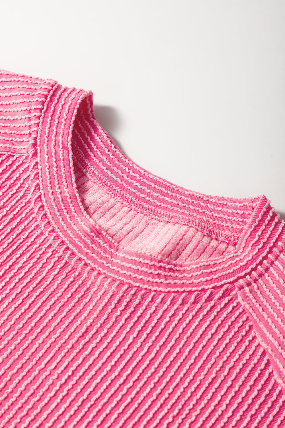 Bright Pink Solid Corded Short Sleeve T Shirt and Wide Leg Pants Set Two Piece Pants Sets c5b1bd325536209b