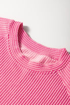 Bright Pink Solid Corded Short Sleeve T Shirt and Wide Leg Pants Set Two Piece Pants Sets c5b1bd325536209b