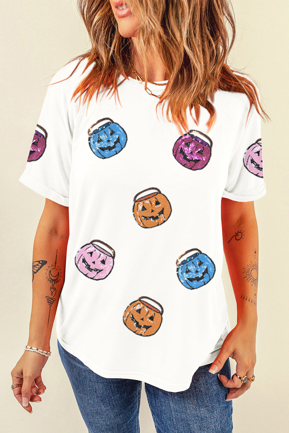 White Sequin Pumpkin Face Patched Crew Neck Holiday T Shirt Graphic Tees c632da2ecd043e08