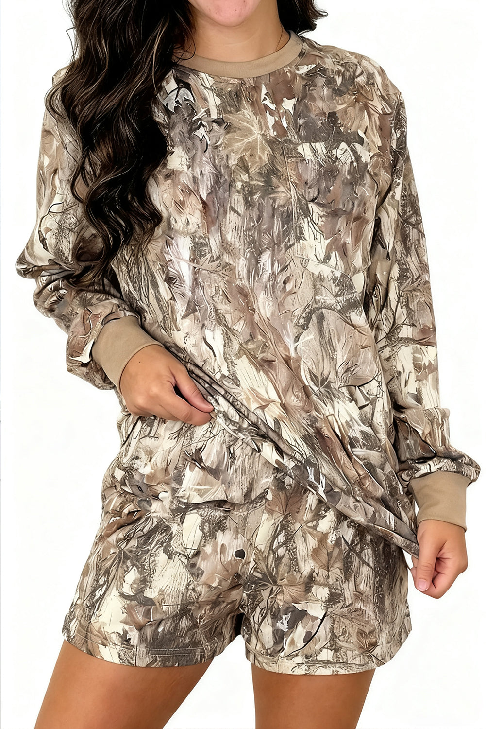 Khaki Camo Print Contrast Trim Long Sleeve Pullover Shorts Set Two Piece Shorts Sets c6357084351b08f9