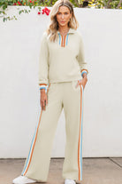 Apricot Striped Patchwork Quarter Zip Pullover Loose Pants Set Two Piece Pants Sets c65883bb68cee406