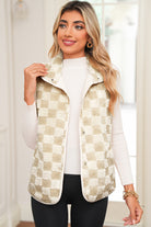 Khaki Sherpa Checkerboard Snap Button Vest Jacket Jackets c6a1801cfb59d552