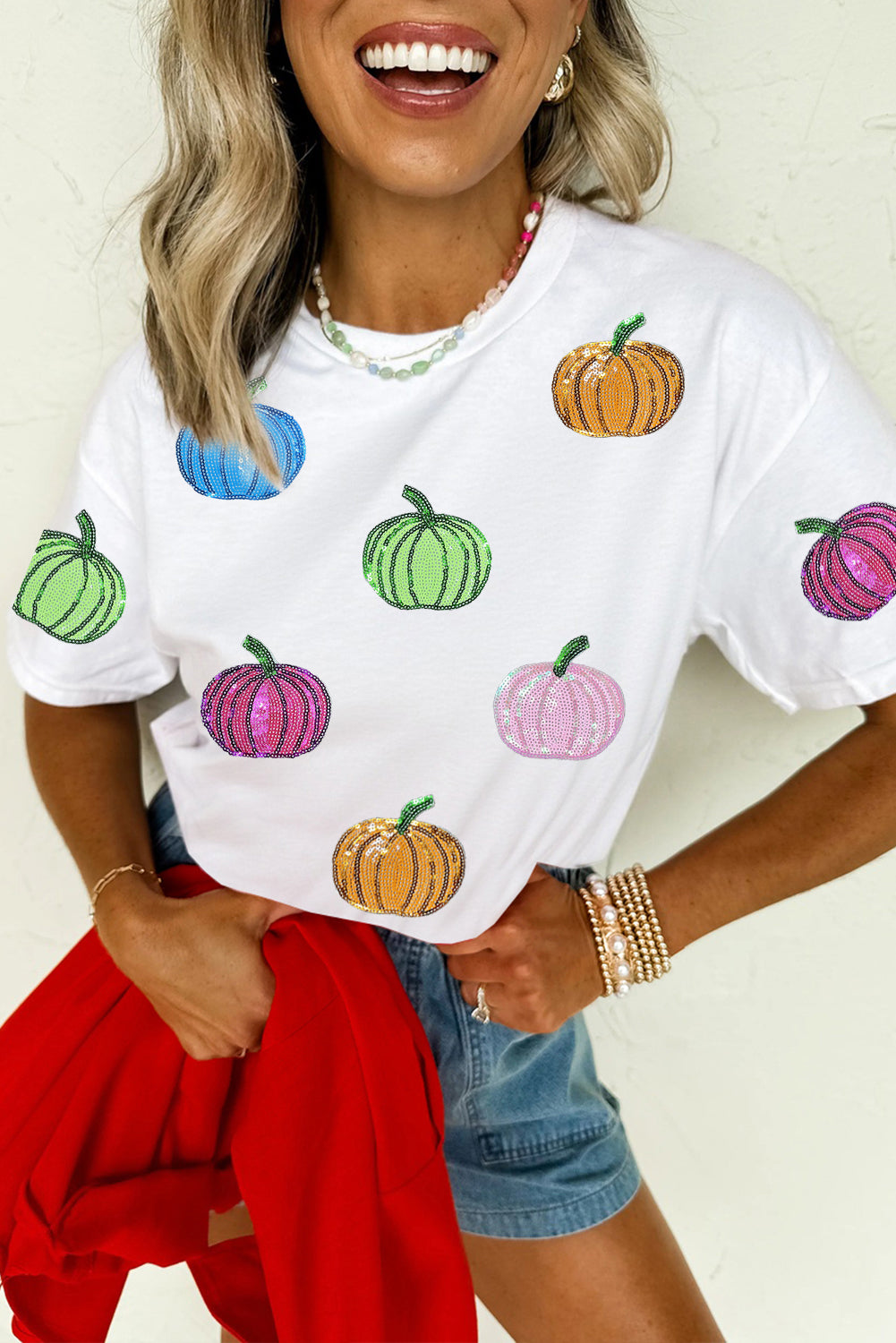 White Sequin Pumpkin Patched Cotton Blend T Shirt Graphic Tees c6ed4c0d179a440e