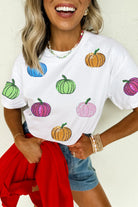 White Sequin Pumpkin Patched Cotton Blend T Shirt Graphic Tees c6ed4c0d179a440e