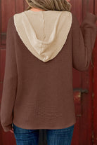 White Waffle Contrast Half Buttoned Hooded Pullover Top Long Sleeve Tops c6f06ef7b1ab78a6