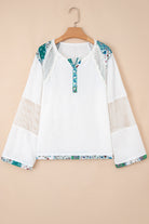 White Plant Mesh Patched Color Block Half Button Blouse Long Sleeve Tops c7041448a92c815d