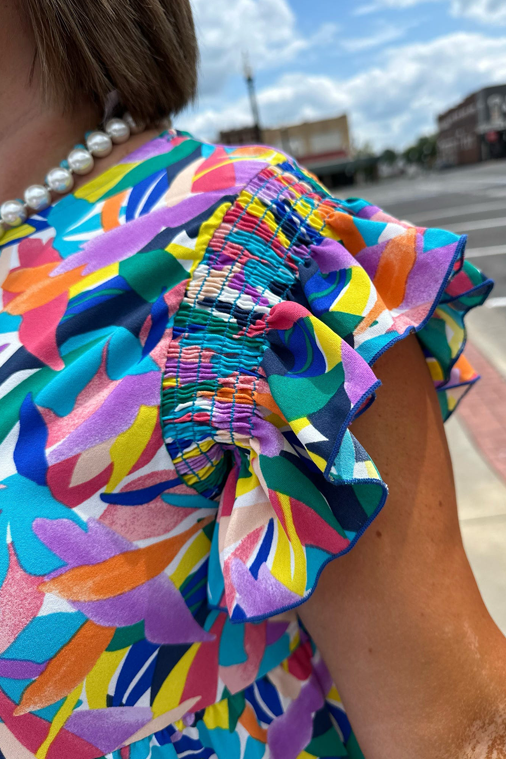 Blue Abstract Print Ruffle Sleeve Plus Size Tiered Maxi Dress Plus Size Dresses c71ce23a4489b2a5