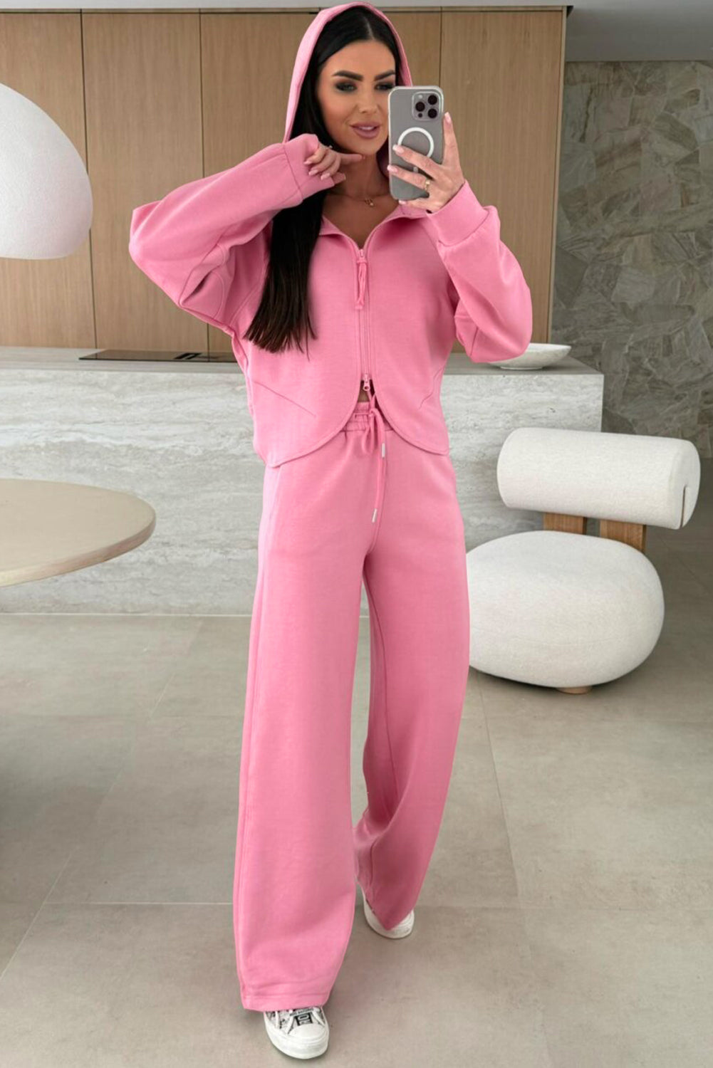 Pink Solid Color Zip Up Hoodie Drawstring Loose Pants Set Two Piece Pants Sets c7388bfc55f511ad