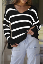 Black Caped V Neck Slit Sleeve Striped Sweater Sweaters c7400b9f48712a13