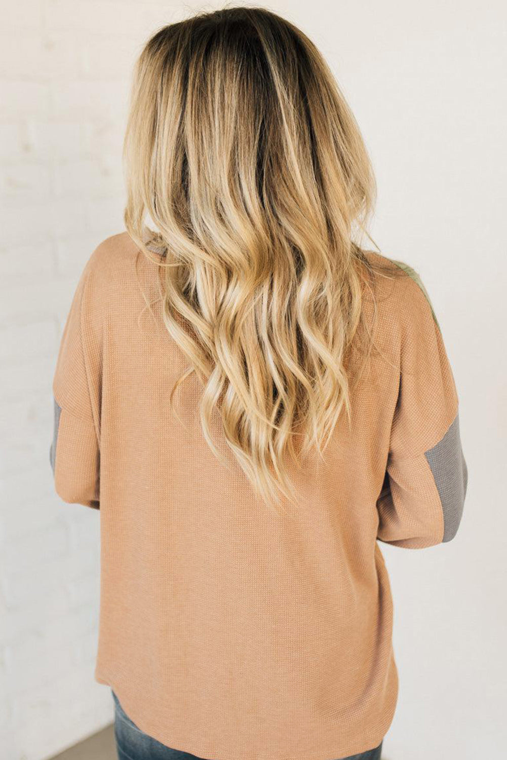 Buckskin Colorblock Thermal Waffle Knit Drop Shoulder Henley Top Long Sleeve Tops c7719bbea2d37ff4