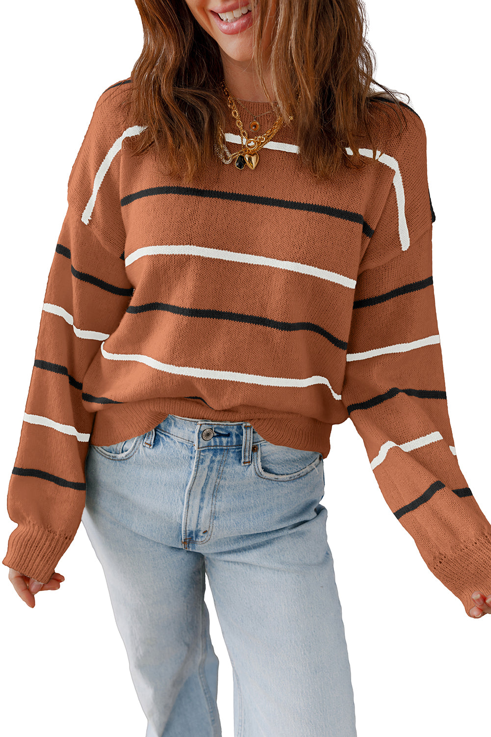 Brown Striped Ribbed Edge Drop Shoulder Sweater Sweaters c77fde3bb57f0a23
