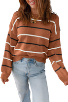 Brown Striped Ribbed Edge Drop Shoulder Sweater Sweaters c77fde3bb57f0a23