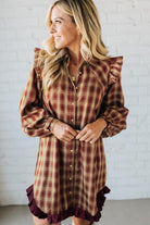 Red Plaid Print Ruffled Long Sleeve Patchwork Hem Mini Shirt Dress Short Dresses c7ce3fa8a6c048f8