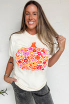 White Floral Pumpkin Heat Transfer Printing Graphic Tee Graphic Tees c7f26ef926b2da01