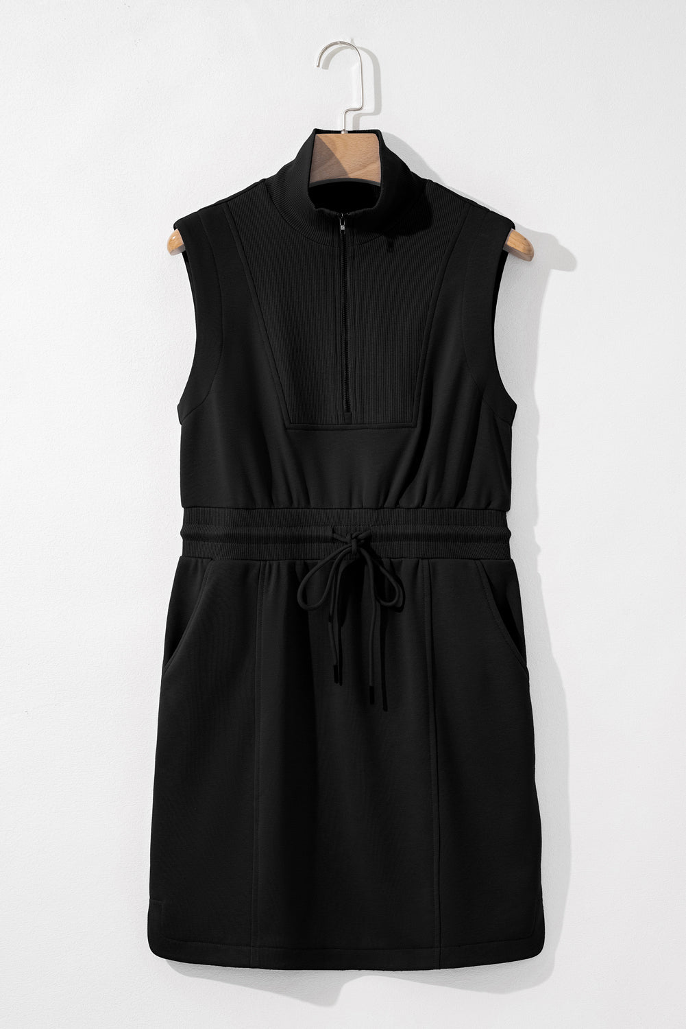 Black Terry Zipped Collar Sleeveless Drawstring Waist Mini Dress Short Dresses c80c47f05e252fb0