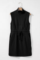 Black Terry Zipped Collar Sleeveless Drawstring Waist Mini Dress Short Dresses c80c47f05e252fb0