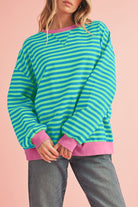 Blue Stripe Contrast Edge Cross Seam Oversized Pullover Sweatshirts & Hoodies c81667cd07b7b428