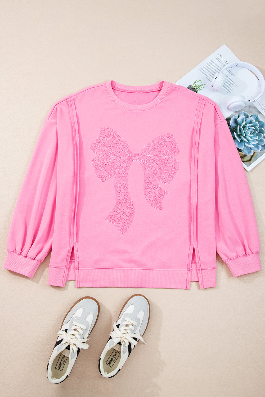 Pink Lace Bow Embroidered Dolman Sleeve Plus Size Sweatshirt Plus Size Tops c81d92d7b4aad02f