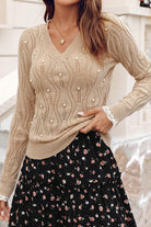 Smoke Gray Pearl Beaded Embellished Lace Applique Pointelle Knit Sweater Sweaters c8375c6fdec9eee8