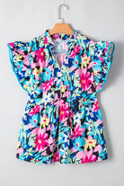 Blue Floral Flutter Sleeve Tied Notched Neck Plus Size Blouse Plus Size Tops c8478c08b70a7f8d