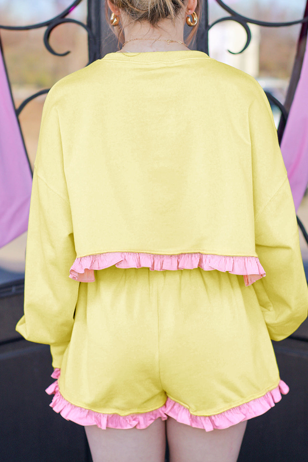 Yellow Ruffle Striped Hem Patchwork Pullover Top and Shorts Plus Size Set Plus Size Matching Sets c8563d7e837e5499