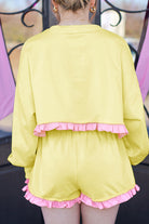 Yellow Ruffle Striped Hem Patchwork Pullover Top and Shorts Plus Size Set Plus Size Matching Sets c8563d7e837e5499