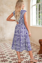 Dirty Blue Floral Print Smocked Waist Sleeveless Dress Midi Dresses c857da4fdf328309