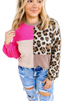 Rose Red Twisted Ribbed Colorblock Leopard Patchwork Plus Size Top Plus Size Tops c8619872dfbf2ddc