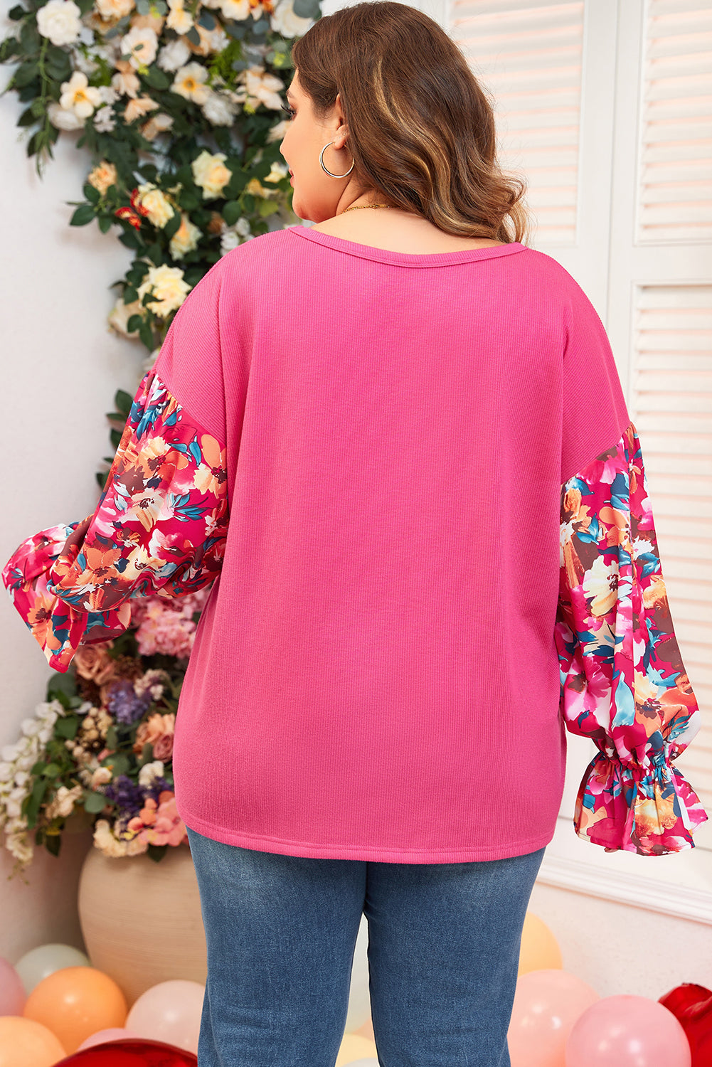 Bright Pink Floral Patchwork Flounce Sleeve Plus Knit Top Plus Size Tops c890420a2b5f2577