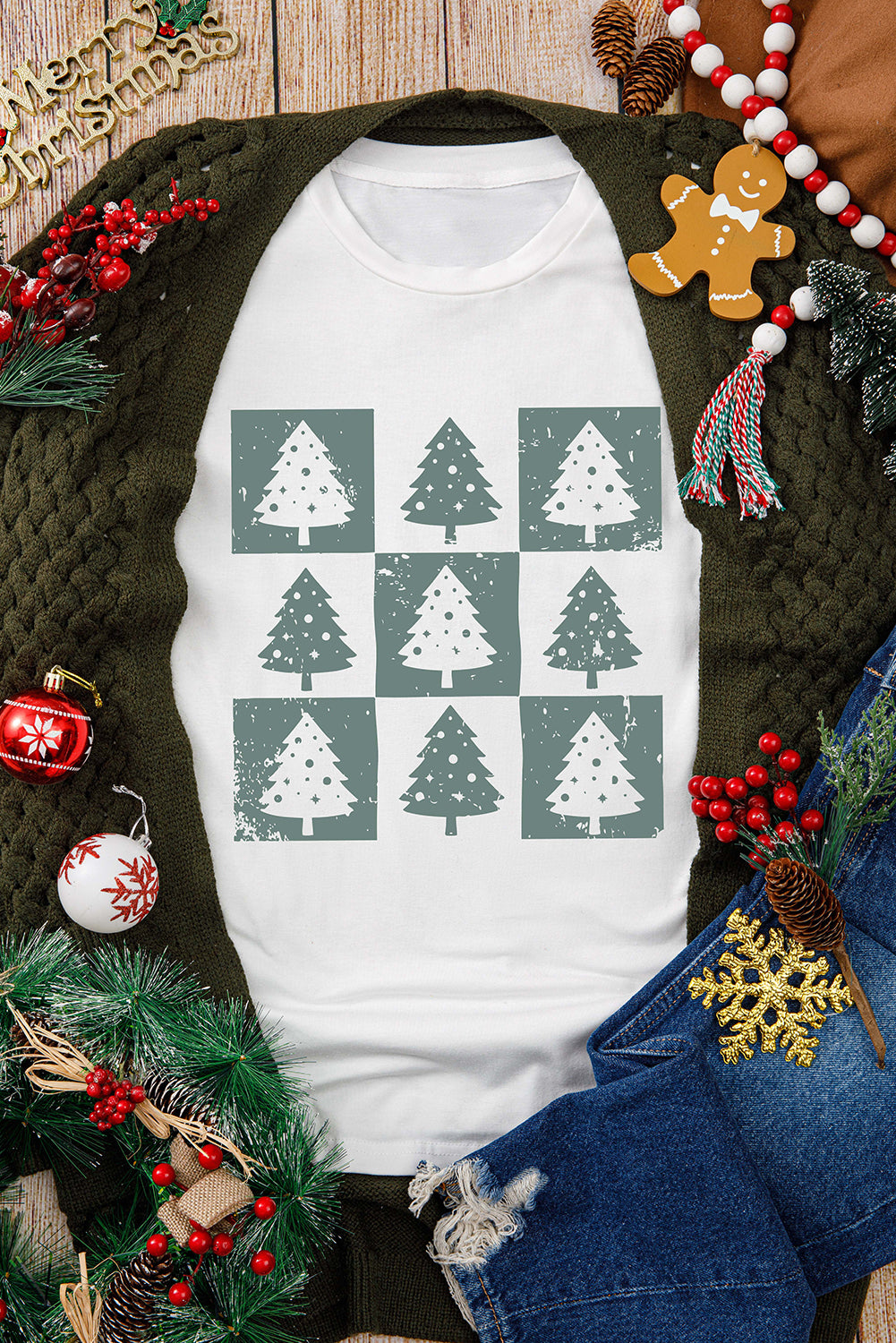 White Christmas Tree Checkered Distressed Heat Transfer Printing Graphic Tee Graphic Tees c899727e354dbf9f