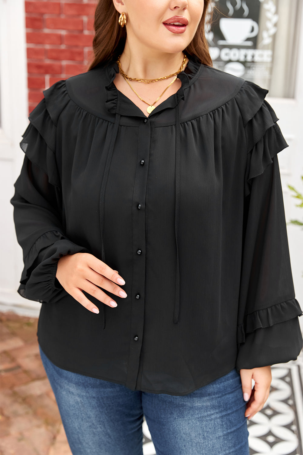 Black Ruffle Balloon Sleeve Chiffon Elegant Plus Size Shirt Plus Size Blouses & Shirts c8b1f2a1bd1e7b54