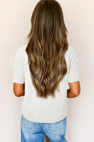 White Fish Scale Textured Knit Ribbed High Neck Short Sleeve Sweater Sweaters c8b88373d88ffb30