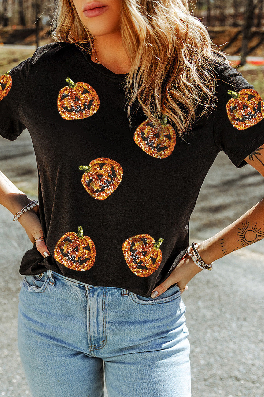 Black Halloween Sequin Pumpkin Face Graphic T Shirt Graphic Tees c8bf22d3987edad0