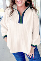 White Waffle Textured Contrast Polo Neck Zip up Jumper Long Sleeve Tops c8c608a9fa126970