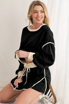 Evergreen Contrast Trim Loose Pullover and Lace-up Waist Skort Set Two Piece Shorts Sets c8ecc0e57fb11e50